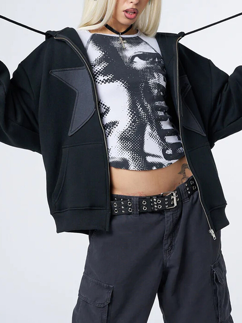 Y2K Vintage Star Print kapucnis kapucnis kapucnis kapucnis női Alkalmi bő, hosszú ujjú cipzáras pulóverek Őszi tavaszi kabát Street