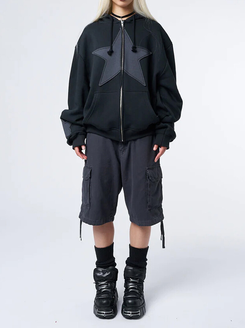 Y2K Vintage Star Print kapucnis kapucnis kapucnis kapucnis női Alkalmi bő, hosszú ujjú cipzáras pulóverek Őszi tavaszi kabát Street