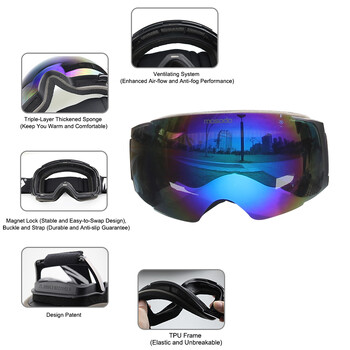 Mosodo Magnet Ski Goggles Ανδρικά Γυναικεία Snowboard Anti-Fog Ski Snow Μεγάλα σφαιρικά γυαλιά χειμερινού σκι