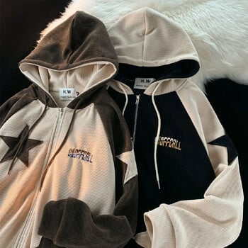 American Retro Star Patch Designs Zipper Hoodie Women 2024 New Street Popular Joker Sweatshirt Унисекс шевове Свободно ежедневно горнище