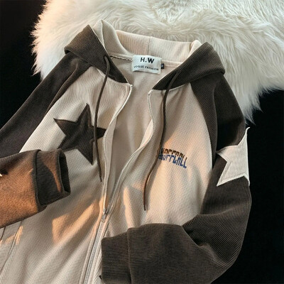 Σχέδια American Retro Star Patch με φερμουάρ Γυναικεία φούτερ με κουκούλα 2024 New Street δημοφιλή μπλούζα Joker Unisex με ραφές χαλαρό μπλουζάκι