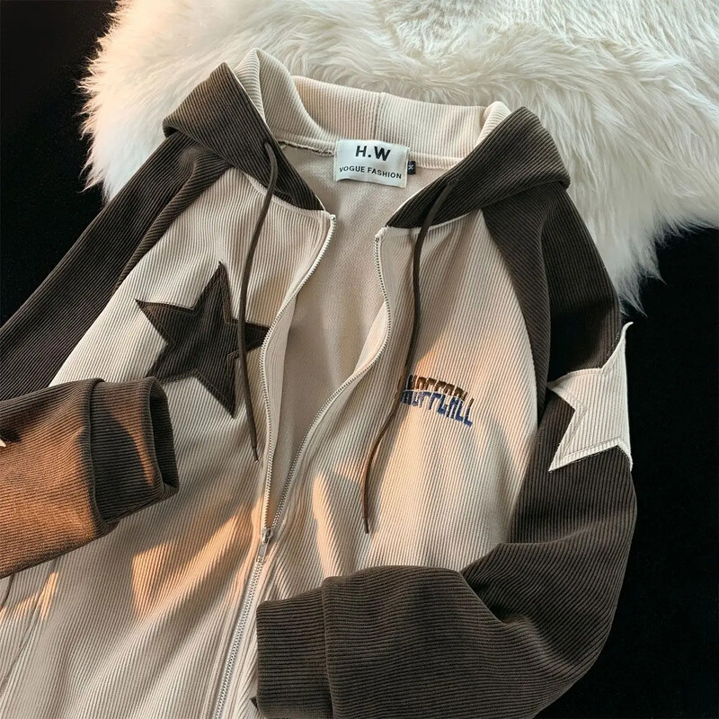 Σχέδια American Retro Star Patch με φερμουάρ Γυναικεία φούτερ με κουκούλα 2024 New Street δημοφιλή μπλούζα Joker Unisex με ραφές χαλαρό μπλουζάκι