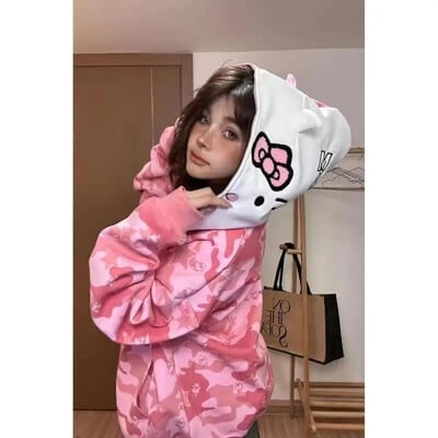 Îmbrăcăminte de stradă Femei Original Sanrio Hello Kitty Hanorac cu fermoar Fată Loose Campus Cuplu Cardigan Haina Y2k Haine Hanorac supradimensionat