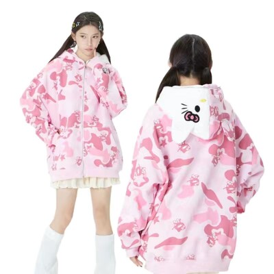 Îmbrăcăminte de stradă Femei Original Sanrio Hello Kitty Hanorac cu fermoar Fată Loose Campus Cuplu Cardigan Haina Y2k Haine Hanorac supradimensionat