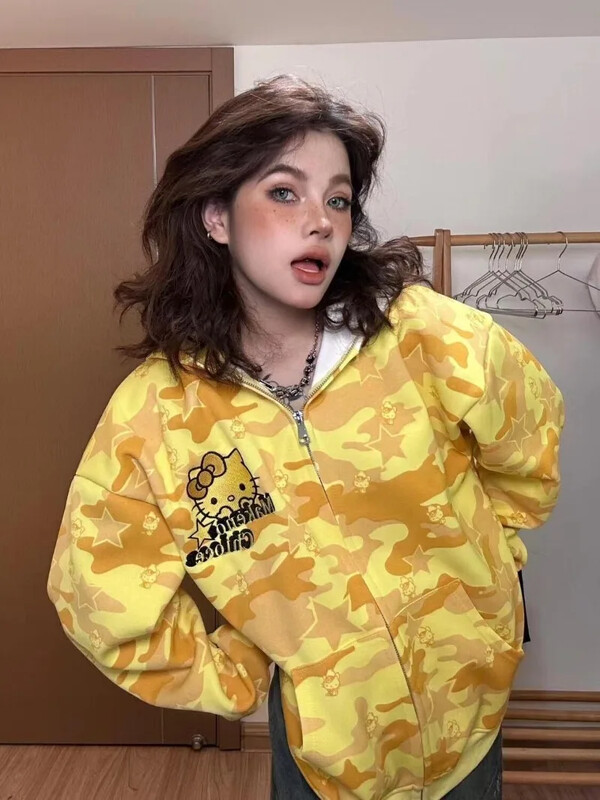 Îmbrăcăminte de stradă Femei Original Sanrio Hello Kitty Hanorac cu fermoar Fată Loose Campus Cuplu Cardigan Haina Y2k Haine Hanorac supradimensionat