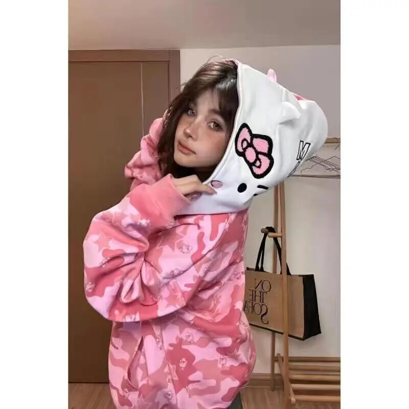 Îmbrăcăminte de stradă Femei Original Sanrio Hello Kitty Hanorac cu fermoar Fată Loose Campus Cuplu Cardigan Haina Y2k Haine Hanorac supradimensionat