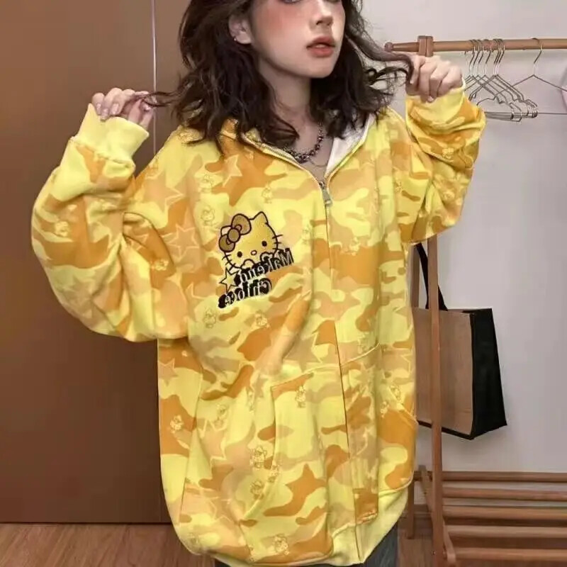 Îmbrăcăminte de stradă Femei Original Sanrio Hello Kitty Hanorac cu fermoar Fată Loose Campus Cuplu Cardigan Haina Y2k Haine Hanorac supradimensionat
