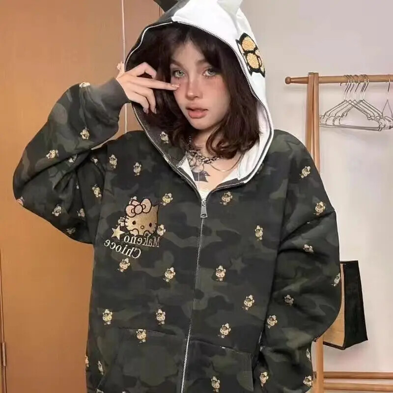 Îmbrăcăminte de stradă Femei Original Sanrio Hello Kitty Hanorac cu fermoar Fată Loose Campus Cuplu Cardigan Haina Y2k Haine Hanorac supradimensionat
