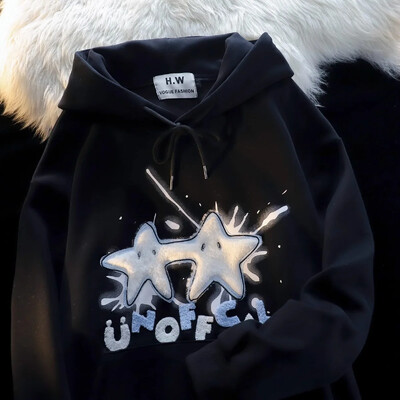 Amerikietiško stiliaus gatvės „Flocking Star“ megztinis su gobtuvu vyrams Moterų pora Laisvo prigludimo Oversize pavasario rudens plona striukė