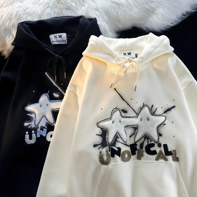 Amerikietiško stiliaus gatvės „Flocking Star“ megztinis su gobtuvu vyrams Moterų pora Laisvo prigludimo Oversize pavasario rudens plona striukė