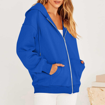 Rudens flīsa kapuce Vienkrāsains ar kapuci korejiešu modes džemperi ar garām piedurknēm augšā savelkamās kabatas brīvas rāvējslēdzēja aizdares melnas kapuces