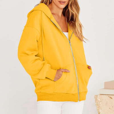 Rudens flīsa kapuce Vienkrāsains ar kapuci korejiešu modes džemperi ar garām piedurknēm augšā savelkamās kabatas brīvas rāvējslēdzēja aizdares melnas kapuces