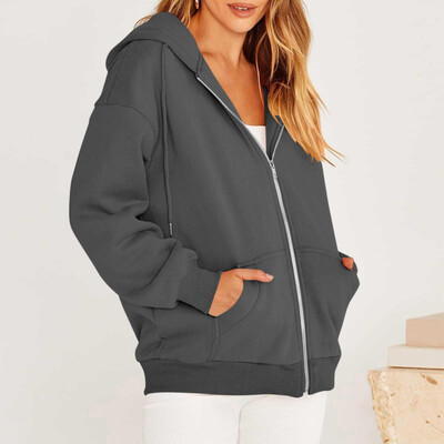 Rudens flīsa kapuce Vienkrāsains ar kapuci korejiešu modes džemperi ar garām piedurknēm augšā savelkamās kabatas brīvas rāvējslēdzēja aizdares melnas kapuces