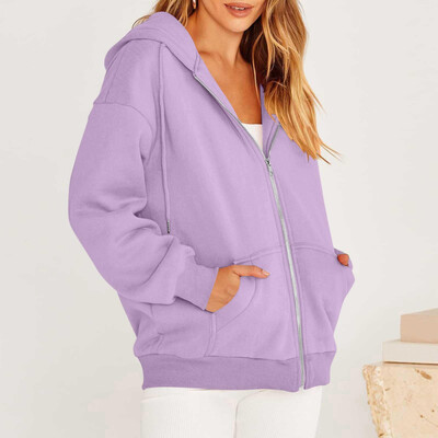 Rudens flīsa kapuce Vienkrāsains ar kapuci korejiešu modes džemperi ar garām piedurknēm augšā savelkamās kabatas brīvas rāvējslēdzēja aizdares melnas kapuces