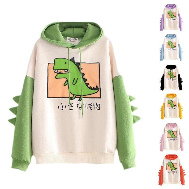 Dinosaur Oversized Cartoon Hoodie Γυναικεία Μόδα Φούτερ Casual print Κορεατικού στυλ Χοντρό μπλουζάκι Χειμερινά μπλουζάκια με κουκούλα με κουκούλα
