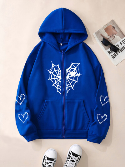 XUANSHOW Φθινοπωρινές Χειμερινές Χαλαρές Γυναικείες Φουκούλες Γοτθικό Harajuku Y2k Ρούχα Αράχνη & Καρδιά Ζακέτα με φερμουάρ επάνω Θερμική ζακέτα