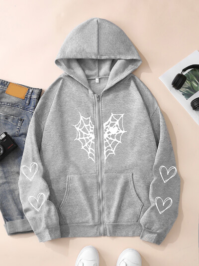 XUANSHOW Φθινοπωρινές Χειμερινές Χαλαρές Γυναικείες Φουκούλες Γοτθικό Harajuku Y2k Ρούχα Αράχνη & Καρδιά Ζακέτα με φερμουάρ επάνω Θερμική ζακέτα