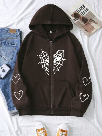 XUANSHOW Φθινοπωρινές Χειμερινές Χαλαρές Γυναικείες Φουκούλες Γοτθικό Harajuku Y2k Ρούχα Αράχνη & Καρδιά Ζακέτα με φερμουάρ επάνω Θερμική ζακέτα