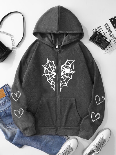 XUANSHOW Φθινοπωρινές Χειμερινές Χαλαρές Γυναικείες Φουκούλες Γοτθικό Harajuku Y2k Ρούχα Αράχνη & Καρδιά Ζακέτα με φερμουάρ επάνω Θερμική ζακέτα