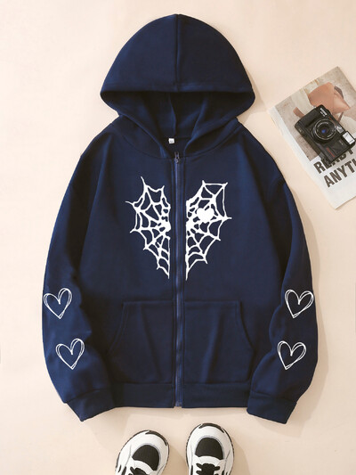 XUANSHOW Φθινοπωρινές Χειμερινές Χαλαρές Γυναικείες Φουκούλες Γοτθικό Harajuku Y2k Ρούχα Αράχνη & Καρδιά Ζακέτα με φερμουάρ επάνω Θερμική ζακέτα