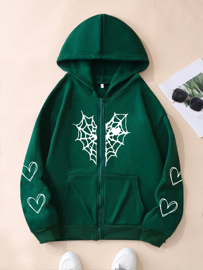 XUANSHOW Φθινοπωρινές Χειμερινές Χαλαρές Γυναικείες Φουκούλες Γοτθικό Harajuku Y2k Ρούχα Αράχνη & Καρδιά Ζακέτα με φερμουάρ επάνω Θερμική ζακέτα