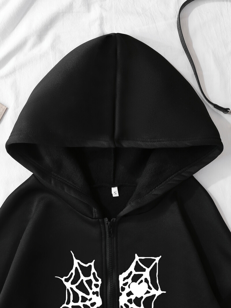 XUANSHOW Φθινοπωρινές Χειμερινές Χαλαρές Γυναικείες Φουκούλες Γοτθικό Harajuku Y2k Ρούχα Αράχνη & Καρδιά Ζακέτα με φερμουάρ επάνω Θερμική ζακέτα