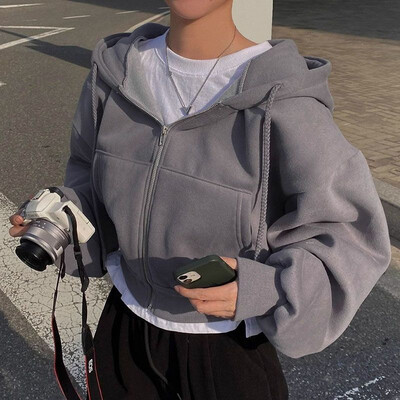 2024 Toamnă Și Iarnă Nou Instagramsadd Catifea Moda Scurt Subțire Fermoar Hanorac cald de culoare solidă Femeie Hanorac scurt scurt