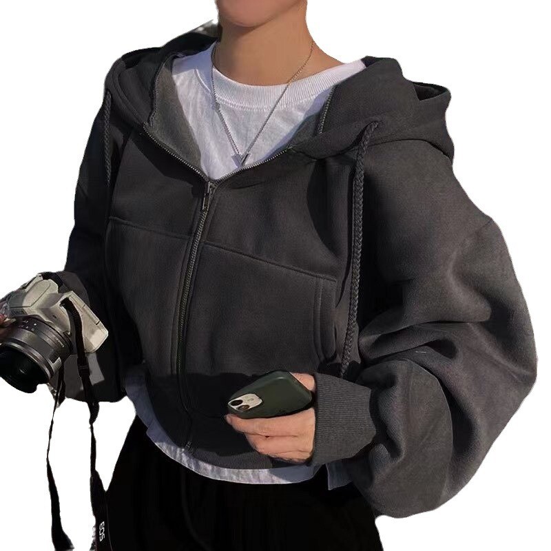 2024 Toamnă Și Iarnă Nou Instagramsadd Catifea Moda Scurt Subțire Fermoar Hanorac cald de culoare solidă Femeie Hanorac scurt scurt