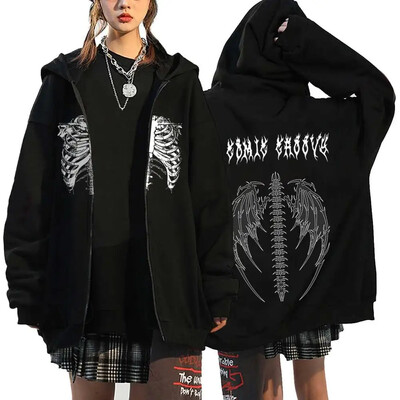 Hanorace cu inimă cu imprimeu în stil gotic, pentru femei, fleece, cu fermoar, hanorace Harajuku Streetwear, largi, casual, jachetă cu fermoar Y2K