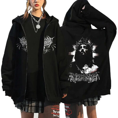 Hanorace cu inimă cu imprimeu în stil gotic, pentru femei, fleece, cu fermoar, hanorace Harajuku Streetwear, largi, casual, jachetă cu fermoar Y2K