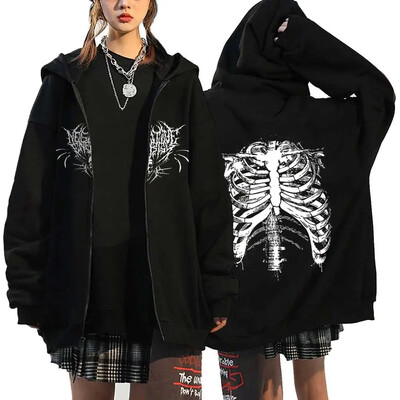 Hanorace cu inimă cu imprimeu în stil gotic, pentru femei, fleece, cu fermoar, hanorace Harajuku Streetwear, largi, casual, jachetă cu fermoar Y2K