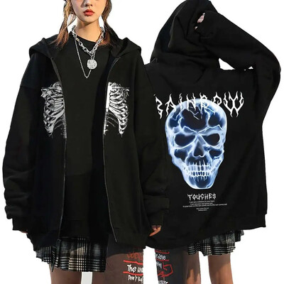 Hanorace cu inimă cu imprimeu în stil gotic, pentru femei, fleece, cu fermoar, hanorace Harajuku Streetwear, largi, casual, jachetă cu fermoar Y2K