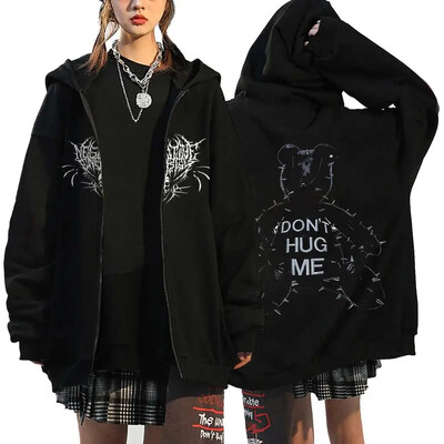 Hanorace cu inimă cu imprimeu în stil gotic, pentru femei, fleece, cu fermoar, hanorace Harajuku Streetwear, largi, casual, jachetă cu fermoar Y2K