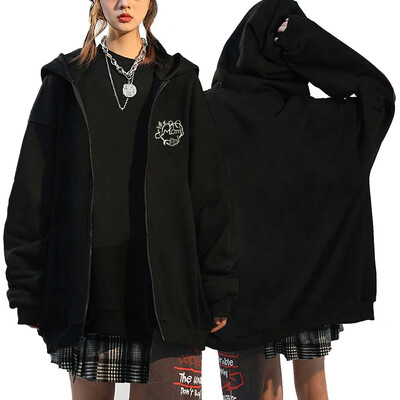 Hanorace cu inimă cu imprimeu în stil gotic, pentru femei, fleece, cu fermoar, hanorace Harajuku Streetwear, largi, casual, jachetă cu fermoar Y2K