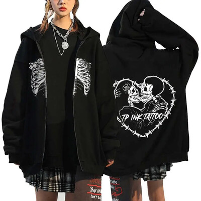 Hanorace cu inimă cu imprimeu în stil gotic, pentru femei, fleece, cu fermoar, hanorace Harajuku Streetwear, largi, casual, jachetă cu fermoar Y2K