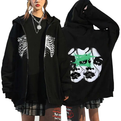 Hanorace cu inimă cu imprimeu în stil gotic, pentru femei, fleece, cu fermoar, hanorace Harajuku Streetwear, largi, casual, jachetă cu fermoar Y2K