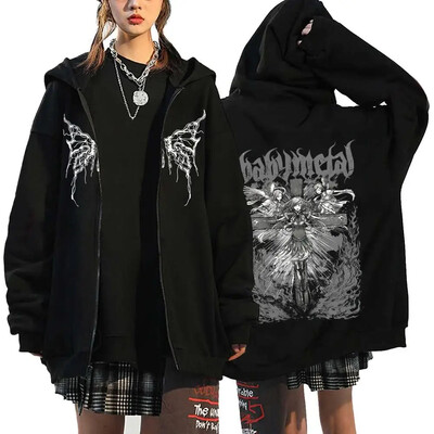 Hanorace cu inimă cu imprimeu în stil gotic, pentru femei, fleece, cu fermoar, hanorace Harajuku Streetwear, largi, casual, jachetă cu fermoar Y2K