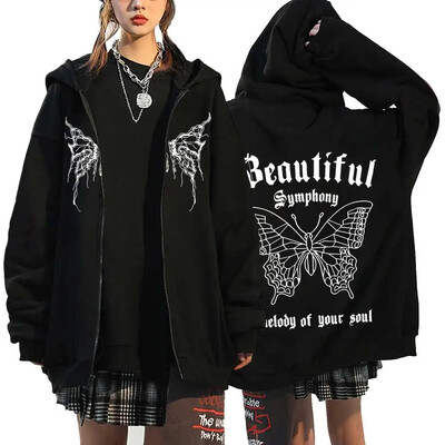 Hanorace cu inimă cu imprimeu în stil gotic, pentru femei, fleece, cu fermoar, hanorace Harajuku Streetwear, largi, casual, jachetă cu fermoar Y2K