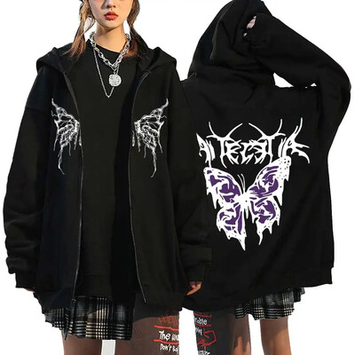 Hanorace cu inimă cu imprimeu în stil gotic, pentru femei, fleece, cu fermoar, hanorace Harajuku Streetwear, largi, casual, jachetă cu fermoar Y2K