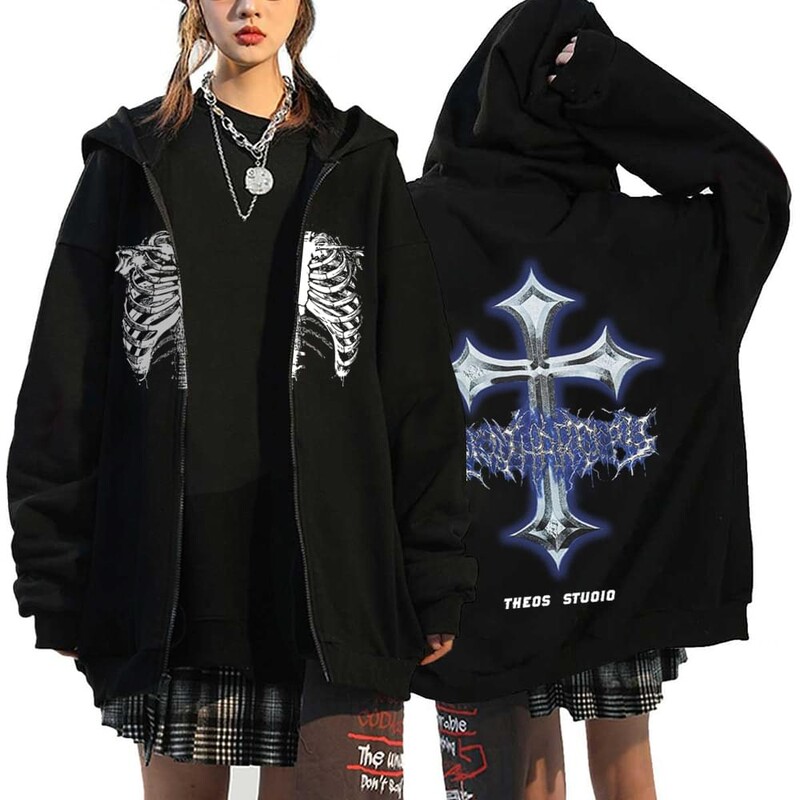 Hanorace cu inimă cu imprimeu în stil gotic, pentru femei, fleece, cu fermoar, hanorace Harajuku Streetwear, largi, casual, jachetă cu fermoar Y2K