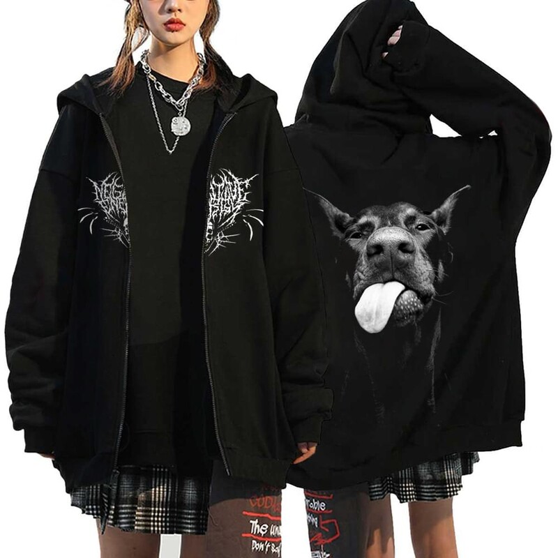 Hanorace cu inimă cu imprimeu în stil gotic, pentru femei, fleece, cu fermoar, hanorace Harajuku Streetwear, largi, casual, jachetă cu fermoar Y2K