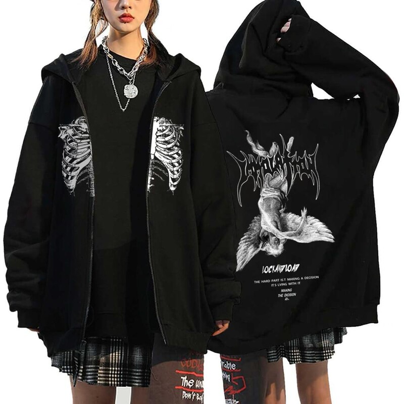 Hanorace cu inimă cu imprimeu în stil gotic, pentru femei, fleece, cu fermoar, hanorace Harajuku Streetwear, largi, casual, jachetă cu fermoar Y2K