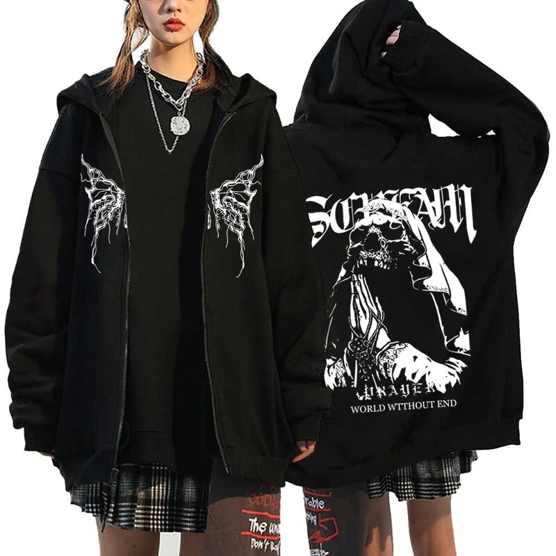 Hanorace cu inimă cu imprimeu în stil gotic, pentru femei, fleece, cu fermoar, hanorace Harajuku Streetwear, largi, casual, jachetă cu fermoar Y2K