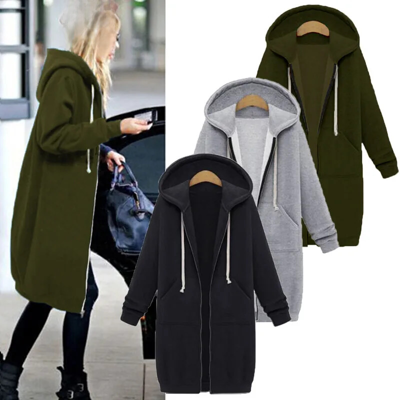 Rudens/ziemas sieviešu vidēja garuma džemperis ar kapuci ar oderi ar rāvējslēdzēju