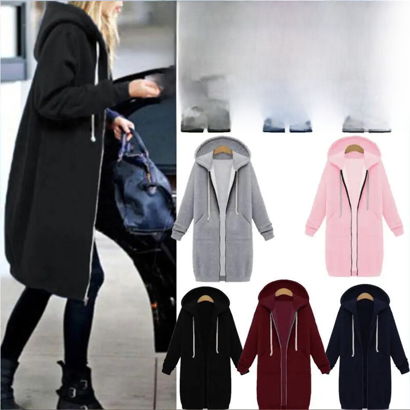 Rudens/ziemas sieviešu vidēja garuma džemperis ar kapuci ar oderi ar rāvējslēdzēju