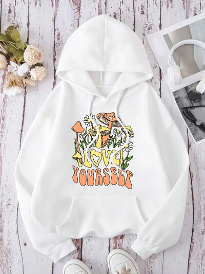 Cottagecore Style Mushroom Love Yourself Χαριτωμένα γυναικεία ρούχα Μόδα πουλόβερ με κουκούλα φαρδιά φούτερ τσέπης Fleece Hoodie Woman