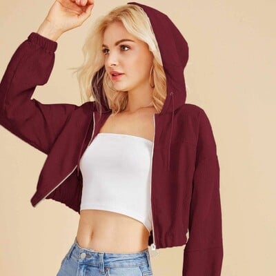 Spring Women Crop Hoodie Κοτλέ μονόχρωμο Φούτερ με κουκούλα με κουκούλα για τζόκινγκ