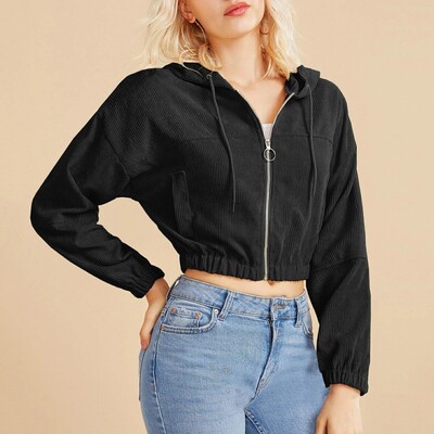 Hanorac crop pentru femei de primăvară, culoare solidă, cu fermoar, hanorac cu glugă, pentru topuri de jogging