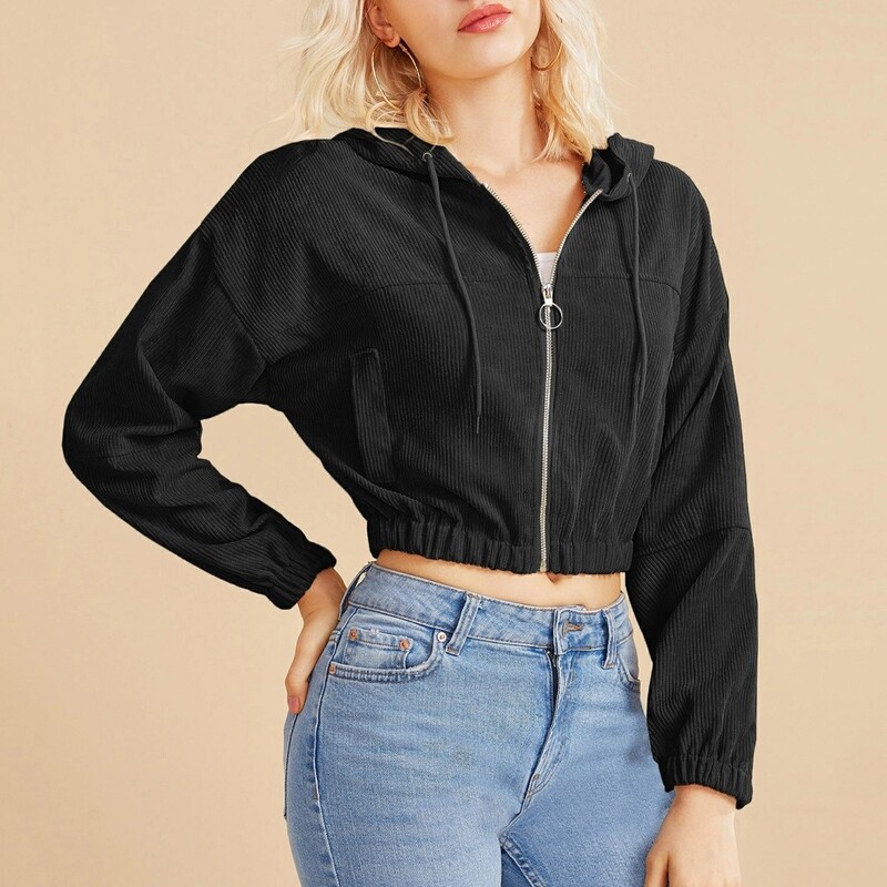 Spring Women Crop Hoodie Κοτλέ μονόχρωμο Φούτερ με κουκούλα με κουκούλα για τζόκινγκ