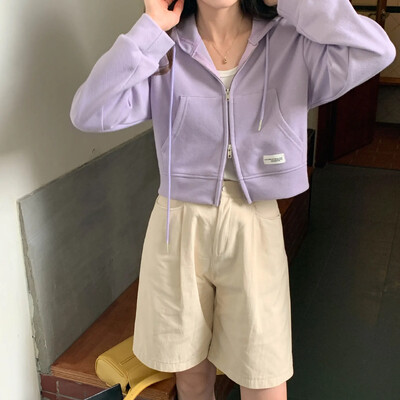 Slim Fit Γυναικείο Κοντό φερμουάρ Καθαρό χρώμα Σχέδιο Άνοιξη Καλοκαίρι Top Casual καπέλο Ανοιχτό πουκάμισο σε μοντέρνο στυλ σέξι κοριτσιού